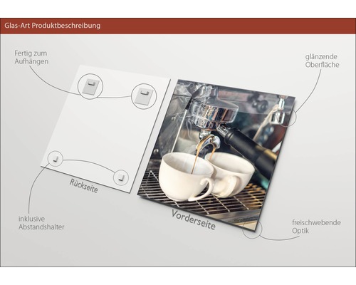 Glasbild mit Kaffeemotiv, inklusive Wandhalterung und glänzender Oberfläche