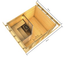 Innenansicht einer Holzsauna mit Bänken und Ofen, Größenangaben