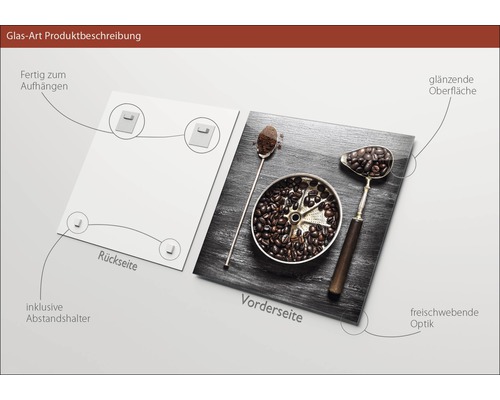 Glasbild mit Kaffeebohnenmotiv, inklusive Abstandshalter zur Wandmontage