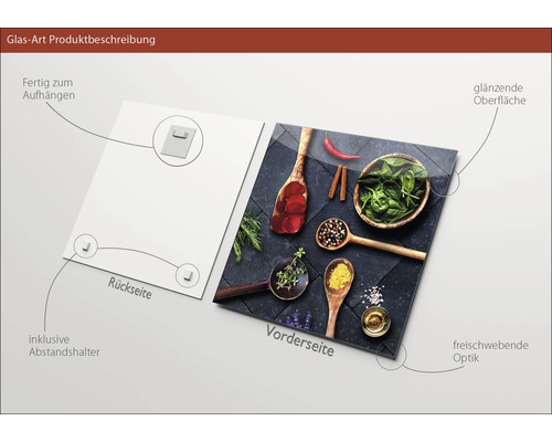 Glasbild mit Gewürzen und Kräutern auf der Vorderseite und Aufhängevorrichtung auf der Rückseite