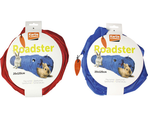 Zwei Spieltunnel für Kleintiere, jeweils mit Verpackung.