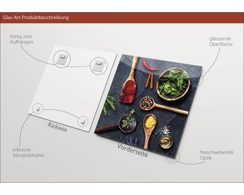 Glasbild mit Lebensmittel-Motiv, inklusive Aufhängevorrichtung und Abstandshalter