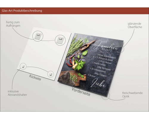 Glasbild mit Familienrezept und Aufhängung inklusive Abstandshalter