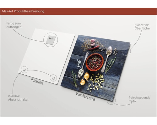 Glasbild mit Gewürzen auf dunklem Holzgrund, inklusive Aufhängung und Abstandshalter