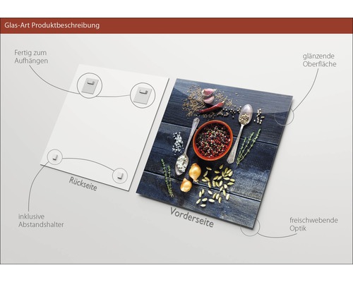 Glasbild mit Gewürzen, inklusive Abstandshalter und Aufhängern