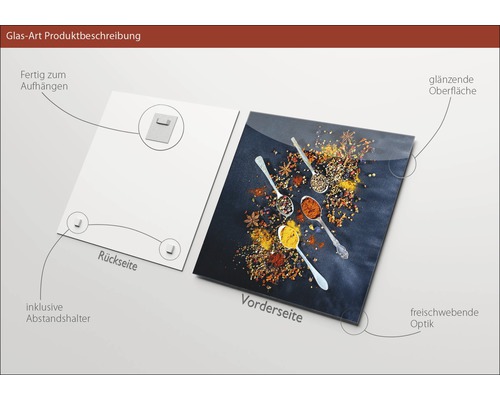 Glasbild Produktbeschreibung: Vorder- und Rückseite, inklusive Abstandshalter und Aufhängung, glänzende Oberfläche, freischwebende Optik