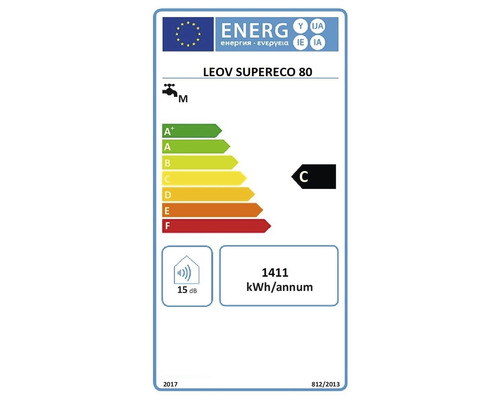 Energielabel für LEOV SUPERECO 80 mit Energieeffizienzklasse C, jährlichem Energieverbrauch von 1411 kWh und Geräuschemissionen von 15 dB