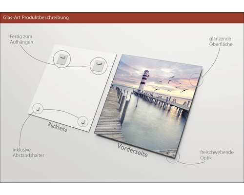 Glasbild mit Motiv Leuchtturm auf Holzsteg, inklusive Aufhängung und Abstandshalter