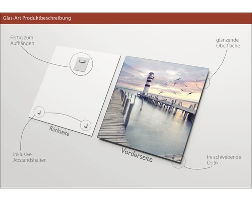 Glasbild mit einem Leuchtturm auf einem Steg und Halterungen zur einfachen Montage