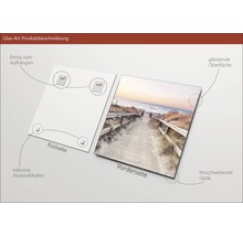 Produktbeschreibung Glasbild: Rückseite mit Aufhängern und Abstandshaltern, Vorderseite mit glänzender Oberfläche und schwebender Optik.