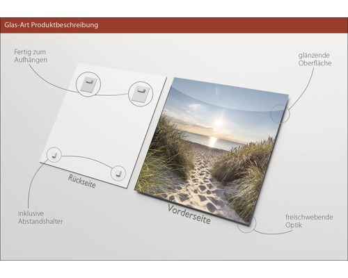 Glasbild mit Strandmotiv, inklusive Wandhalterung