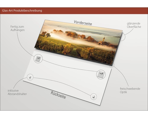 Glasbild mit Landschaftsansicht, inklusive Abstandshalter und glänzender Oberfläche
