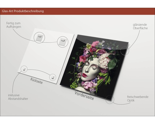 Glasbild mit einer Frau mit Blumen, inklusive Abstandshalter, glänzender Oberfläche und Aufhängung