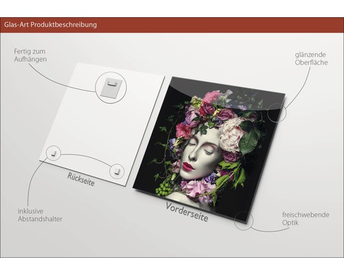 Glasbild mit Darstellung einer Frau mit Blumen, inklusive Halterungen zur Aufhängung