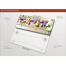 Glasbild mit Blumenmotiv, inklusive Abstandshalter, glänzender Oberfläche und Aufhängung
