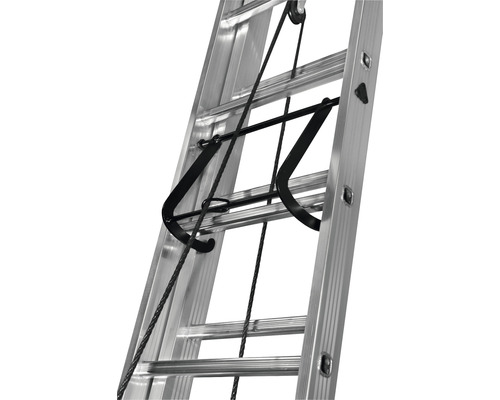 Detailansicht einer Aluminiumleiter mit schwarzem Einhängehaken und Seilzug