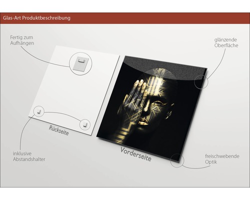 Produktbeschreibung Glasbild: Vorderseite mit Abbildung einer Person mit goldfarbener Bemalung, Rückseite mit Aufhängung und Abstandshalter.