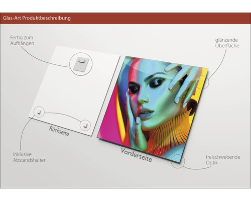 Glasbild mit glänzender Oberfläche und schwebender Optik, inklusive Abstandshalter, fertig zum Aufhängen. Vorderseite und Rückseite dargestellt.