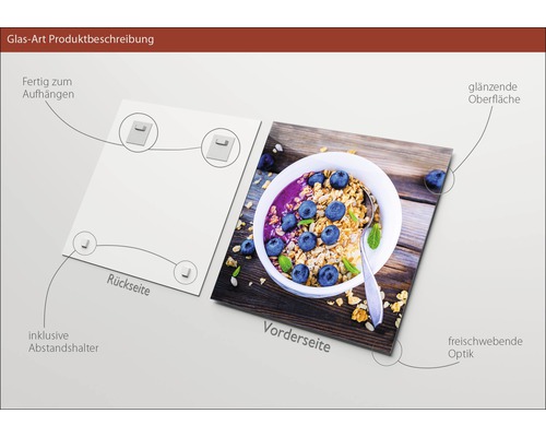 Glasbild mit glänzender Oberfläche, inklusive Abstandshalter und Aufhängvorrichtung