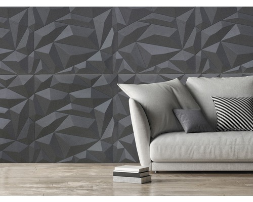 Wohnzimmer mit grauen 3D Wandpaneelen und Sofa
