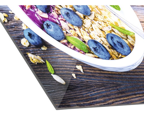 Acrylglasbild mit Müslischale, Blaubeeren und Holztisch-Motiv