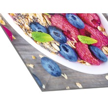 Acrylglasbild mit Müsli, Himbeeren, Blaubeeren und Minze