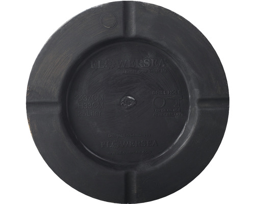 Schwarzer Pflanztopf mit 37 Zentimeter Durchmesser, 33 Zentimeter Höhe und 25 Litern Volumen.