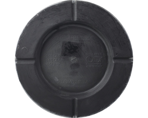 Schwarzer Pflanzkübel mit einem Durchmesser von 45 cm und einem Volumen von 45 Litern