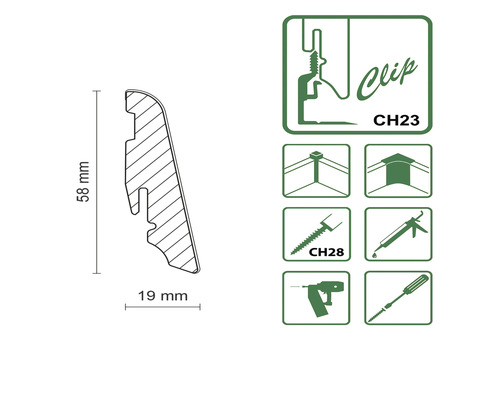 Darstellung einer Sockelleiste mit den Maßen 58 mm Höhe und 19 mm Breite, inklusive Montagehinweisen.