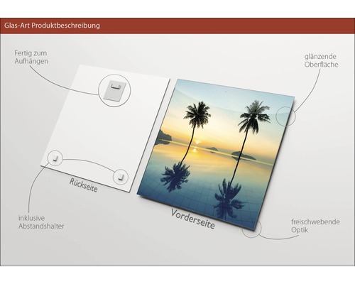 Glasbild mit Palmenmotiv, inklusive Aufhängung und Abstandshalter