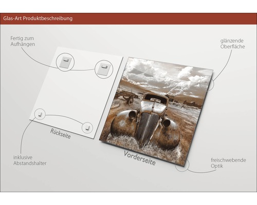 Glasbild mit einem Motiv eines alten Autos, inklusive Aufhänger und Abstandshalter