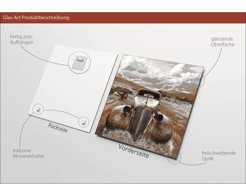 Glasbild mit Motiv eines alten Autos, inklusive Abstandshalter und Aufhängung
