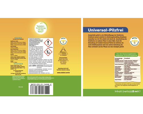 Solabiol Universal Pilzfrei Verpackung mit Dosierungsanleitung, Warnhinweisen und Anwendungsbereichen