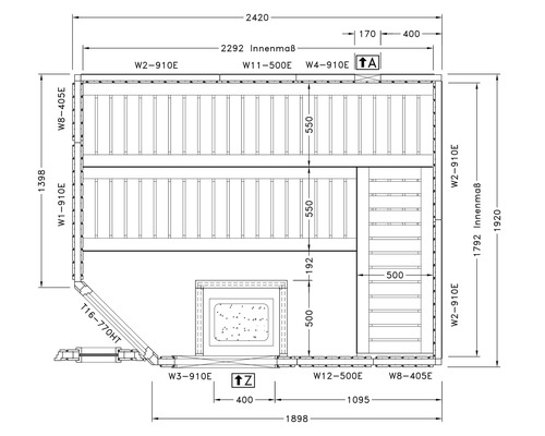 Technische Zeichnung einer Sauna mit Maßangaben