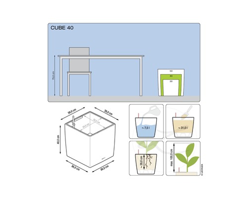 Produktabbildung des Cube 40 Pflanzgefäßes mit Maßangaben