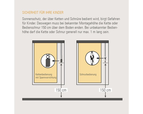 Information zur Kindersicherheit bei Rollos mit Ketten- und Schnurbedienung.