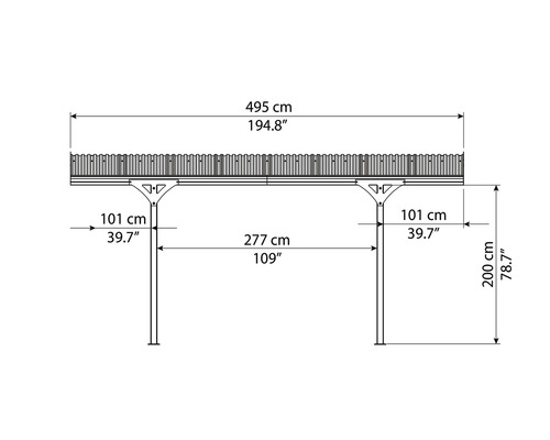 Abmessungen eines Unterstandes: 495 cm breit, 200 cm hoch.