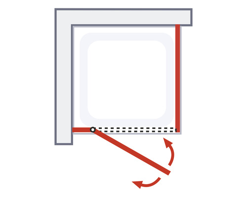 Schematische Darstellung einer Badewanne mit einer drehbaren Badewannenwand.