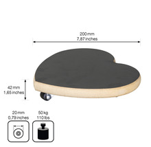 Rolluntersetzer in Herzform mit den Massen 200 mm Länge, 42 mm Höhe und 20 mm Raddurchmesser, Traglast 50 kg