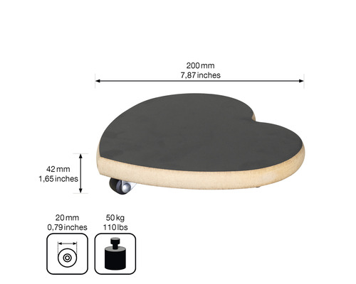 Rolluntersetzer in Herzform mit den Massen 200 mm Länge, 42 mm Höhe und 20 mm Raddurchmesser, Traglast 50 kg
