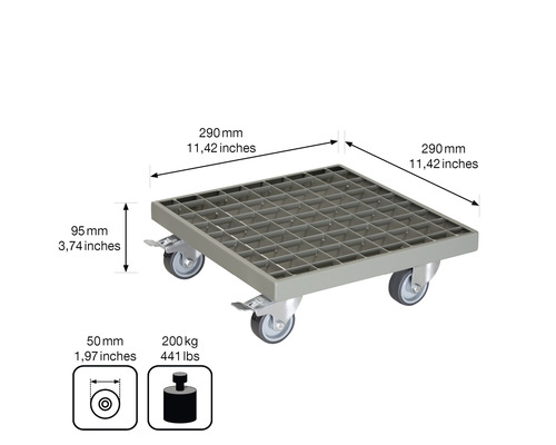 Rollbrett mit den Maßen 290 mal 290 Millimeter und einer maximalen Belastbarkeit von 200 Kilogramm