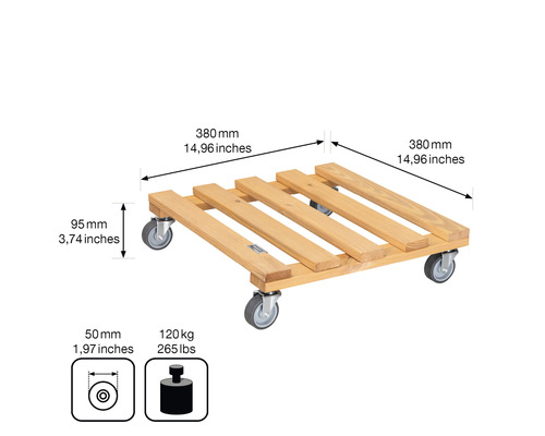 Rollbrett aus Holz mit einer maximalen Belastbarkeit von 120 kg