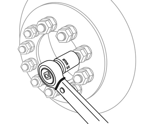 Darstellung eines Radmutterschlüssels beim Anziehen von Radmuttern an einem Rad