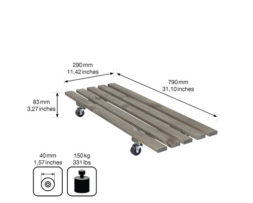 Holzrollbrett mit Maßen
