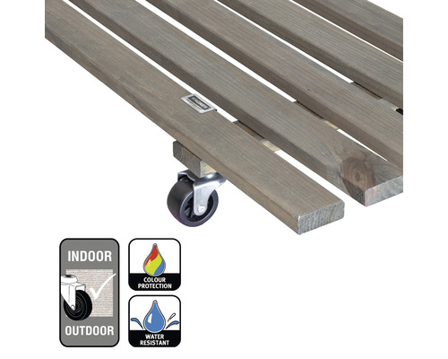 Detailansicht einer Pflanzenroller-Konstruktion aus Holz mit Rollen und Hinweisen zur Nutzung im Innen- und Außenbereich sowie zum Farb- und Wasserschutz.