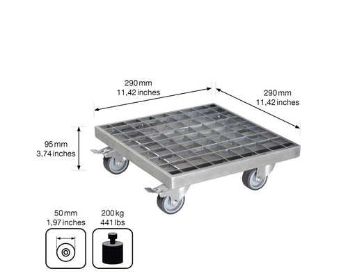 Quadratischer Rollwagen aus Metall mit Maßangaben