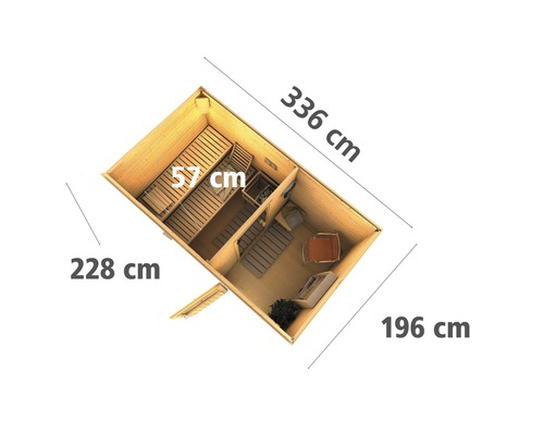 Draufsicht Sauna mit den Maßen 336 cm Länge, 228 cm Breite und 196 cm Höhe