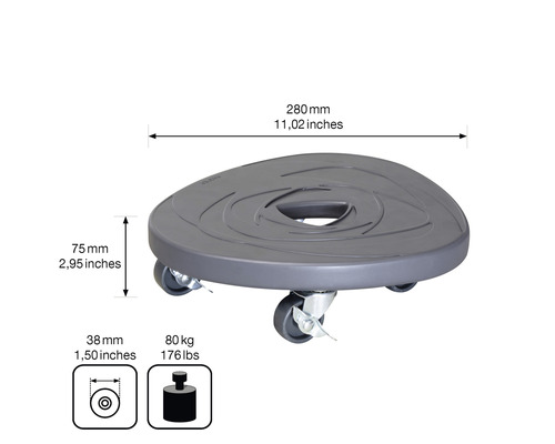 Pflanzenroller mit den Maßen 280 mm Länge und 75 mm Höhe, belastbar bis 80 kg.