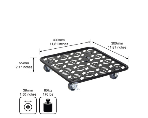 Rollbrett mit den Maßen 300 mm x 300 mm und einer maximalen Traglast von 80 kg