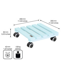 Blumenroller aus Holz mit Rollen und Maßangaben